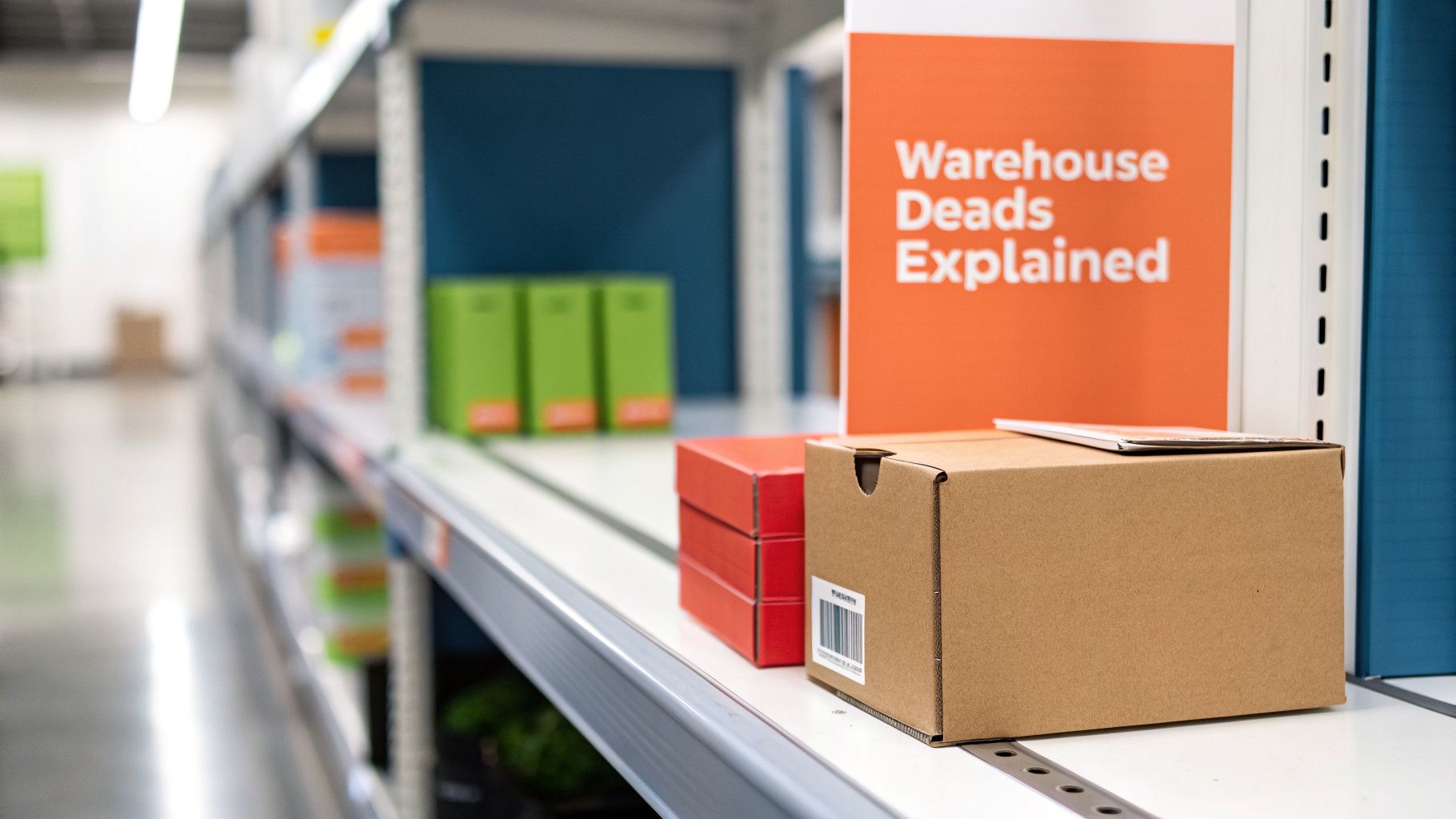 Brown and red boxes on a white warehouse shelf with a prominent orange 'Warehouse Deals Explained' sign.