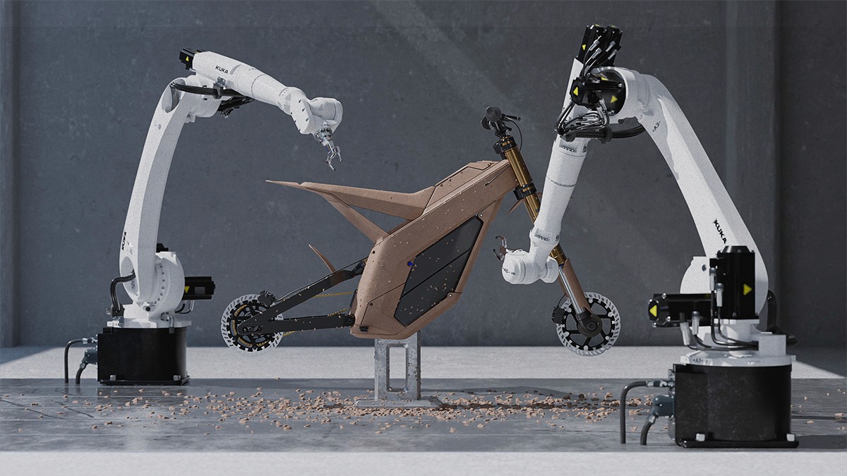 Presentation canyon motorbike concept electric motorcycle off road rouv clay rendering surface modeling