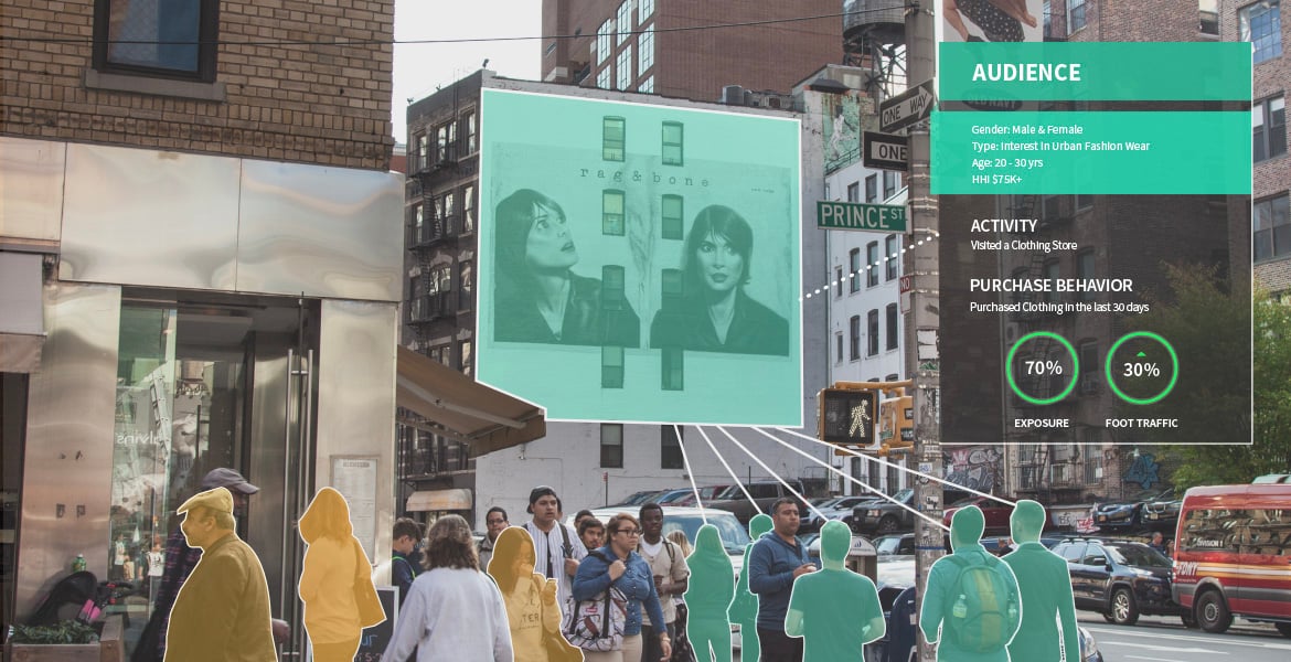 a man walking down a street past a large poster