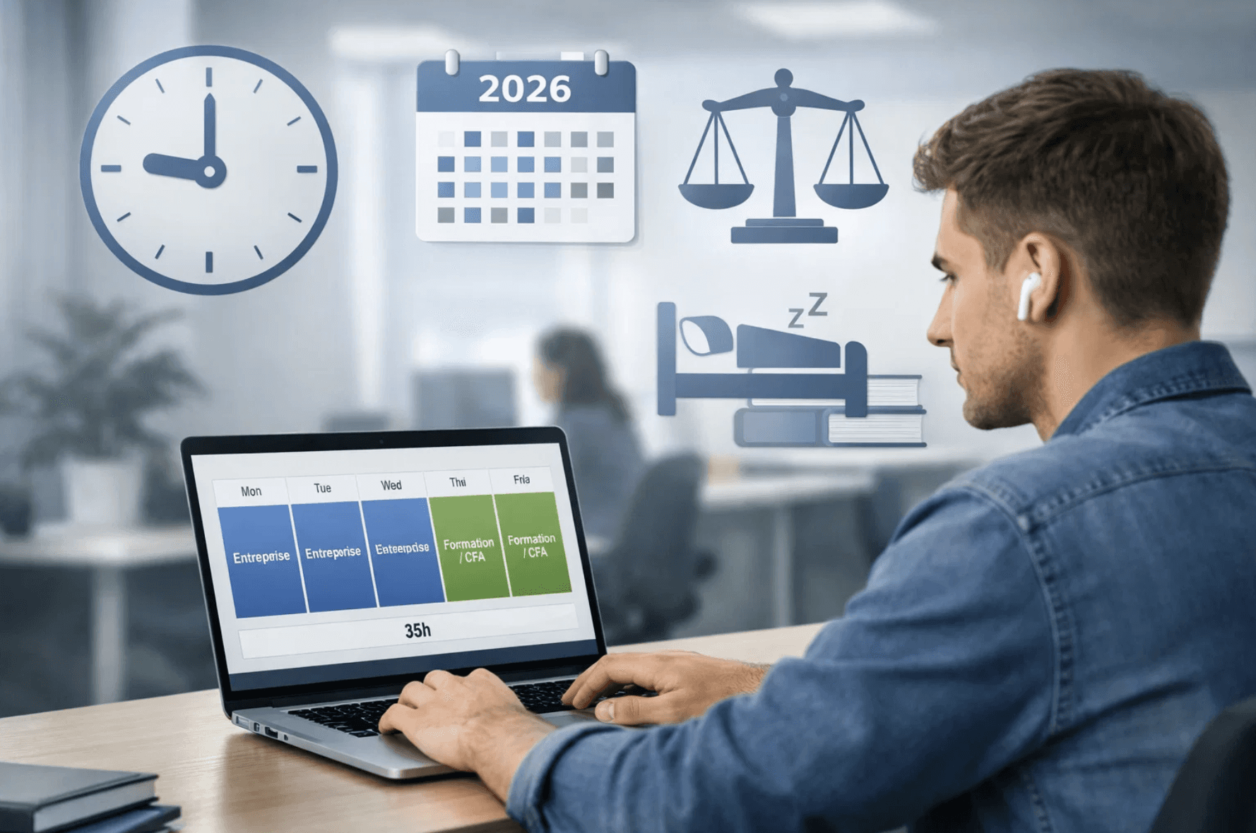 Illustration montrant un alternant travaillant sur son ordinateur avec un planning de travail, des icônes représentant les heures légales, le repos obligatoire, la formation en CFA et la réglementation du temps de travail en alternance en 2026.