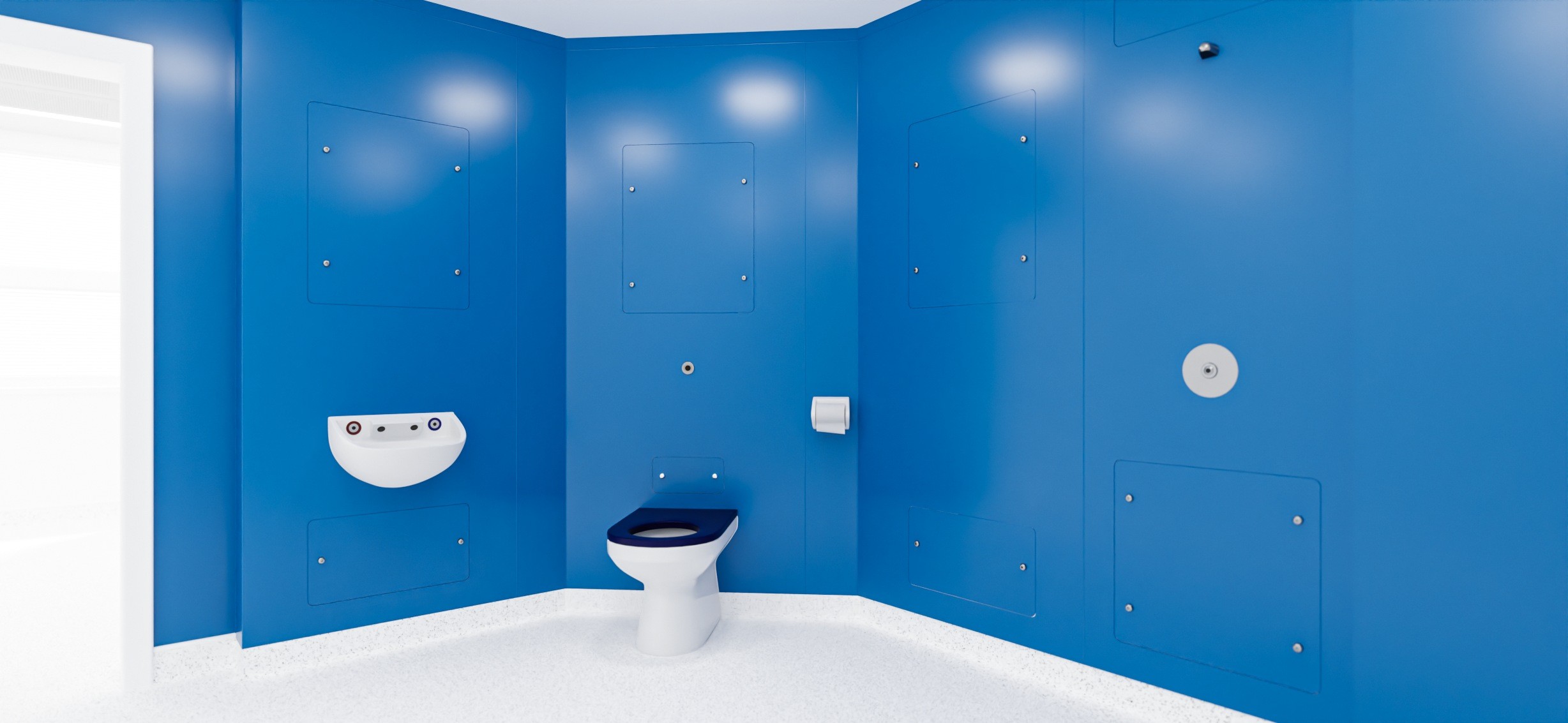 Hygipod Tough anti-ligature IPS showing hand washbasin and toilet units for mental health washrooms