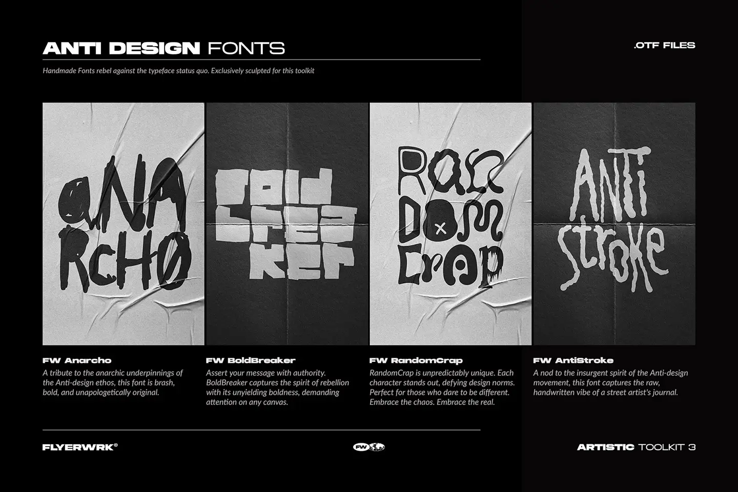 Artistic Toolkit 3 handmade anti design fonts preview including Anarcho and BoldBreaker