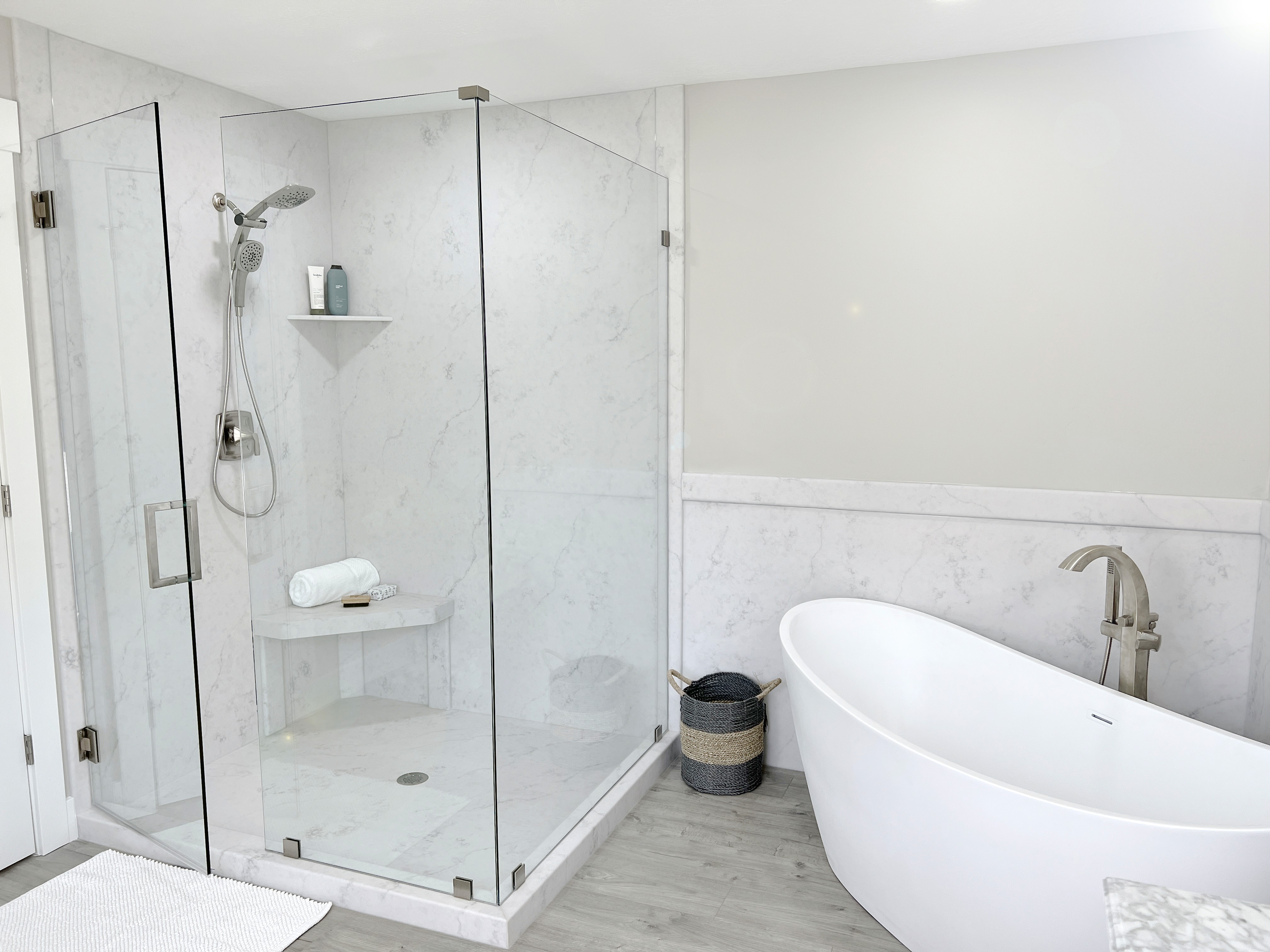 Modern bathroom with soaking tub and walk in shower