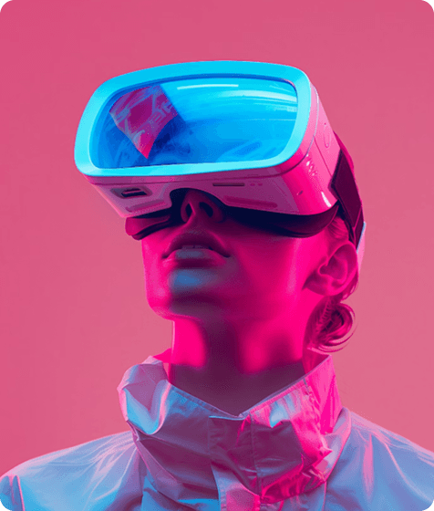 Person wearing a large VR headset in pink and blue neon light.