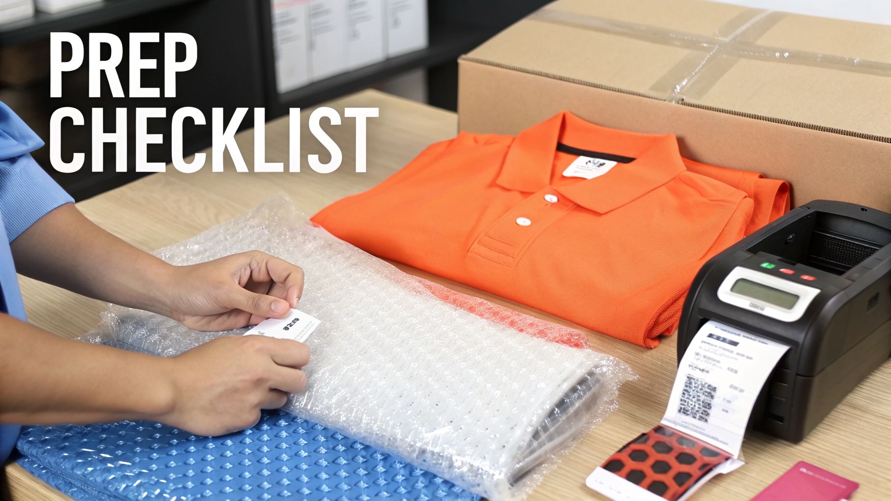 A person's hands place a label on bubble-wrapped item, next to an orange polo shirt, printer, and box.