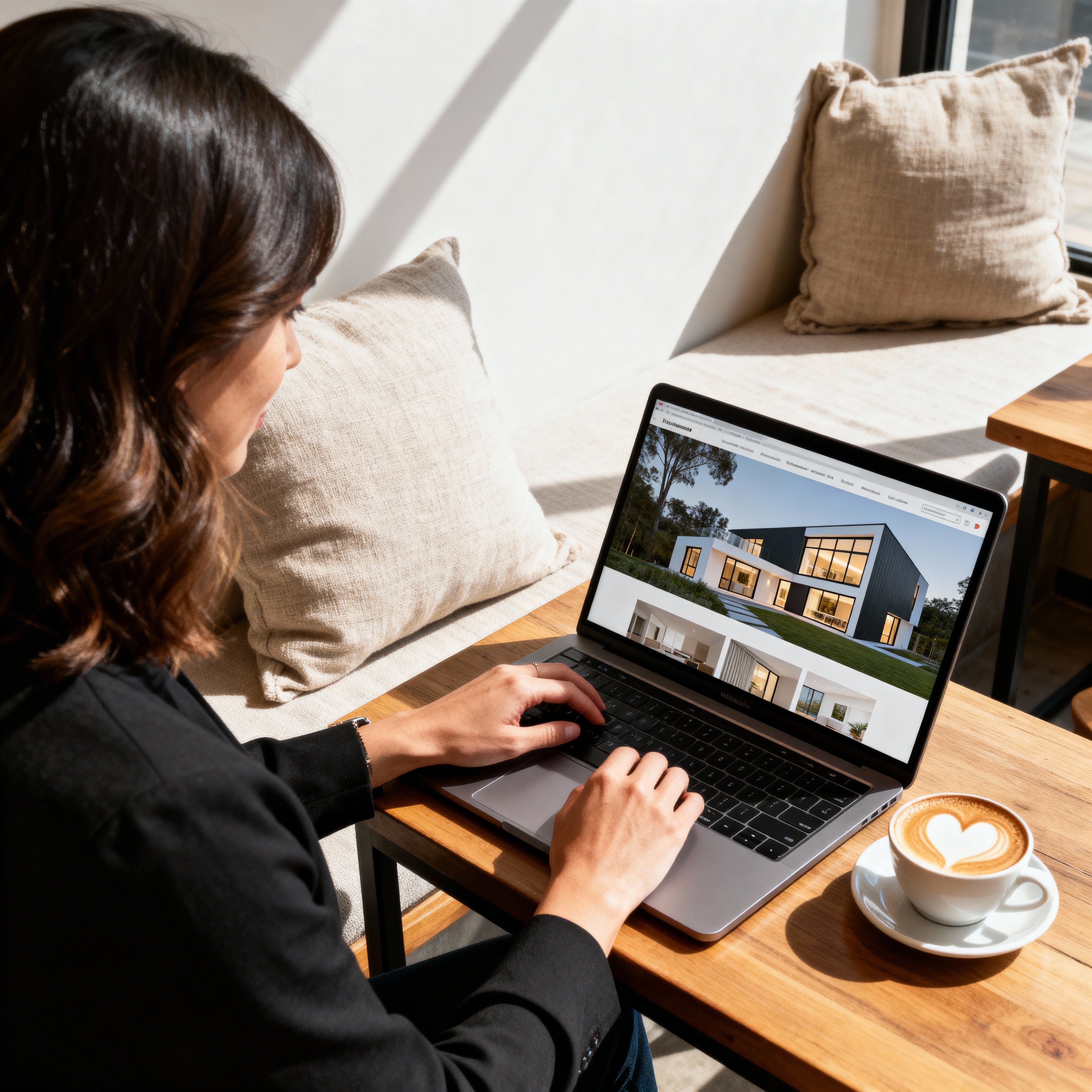 Client browsing a high-end architecture website on a laptop while seated comfortably at home.