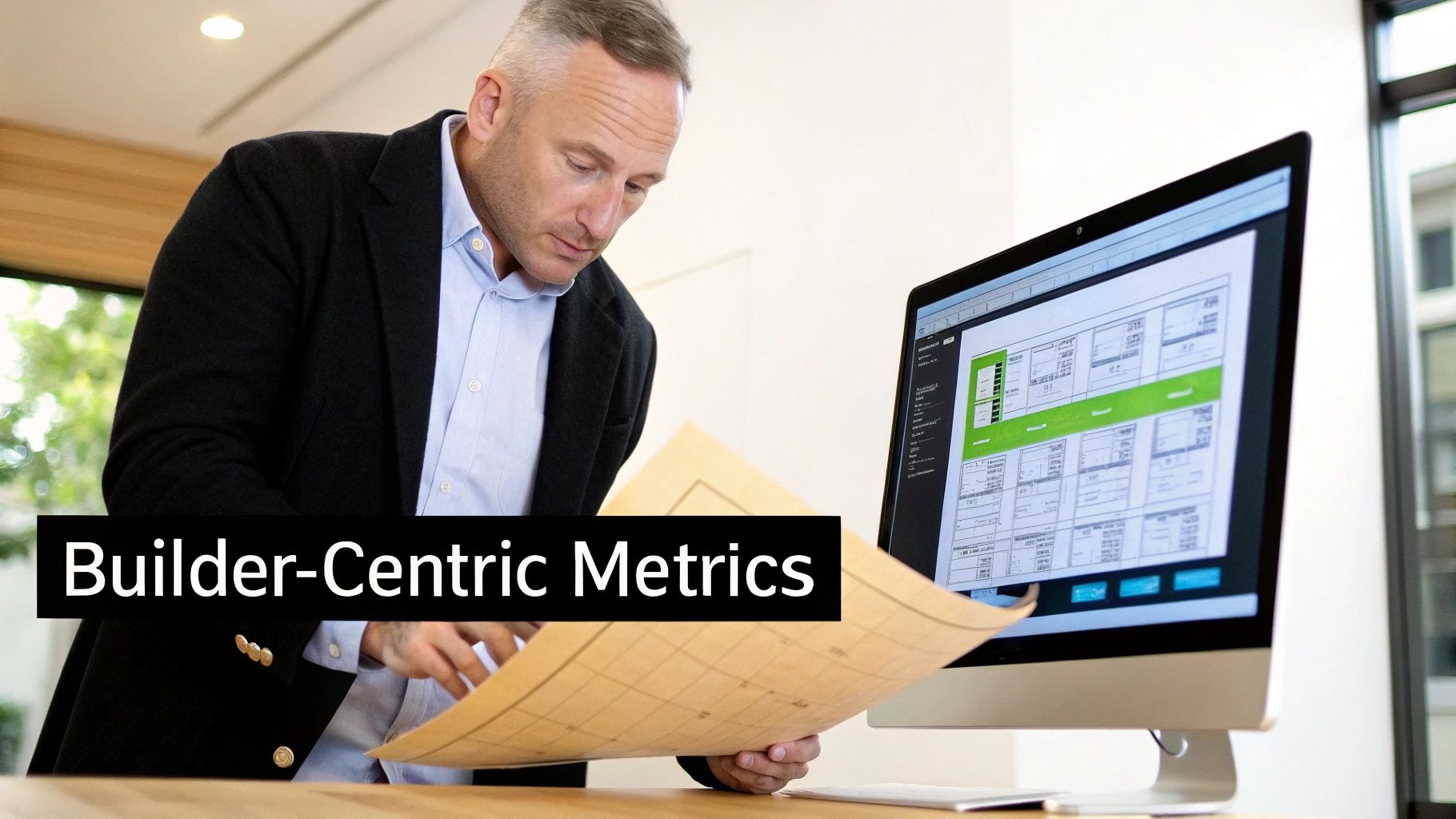 A builder reviews large blueprints and digital metrics on a computer screen.