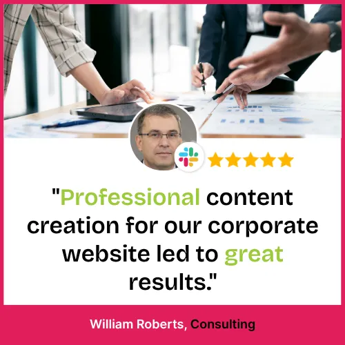 Testimonial for professional content creation services with five-star rating.