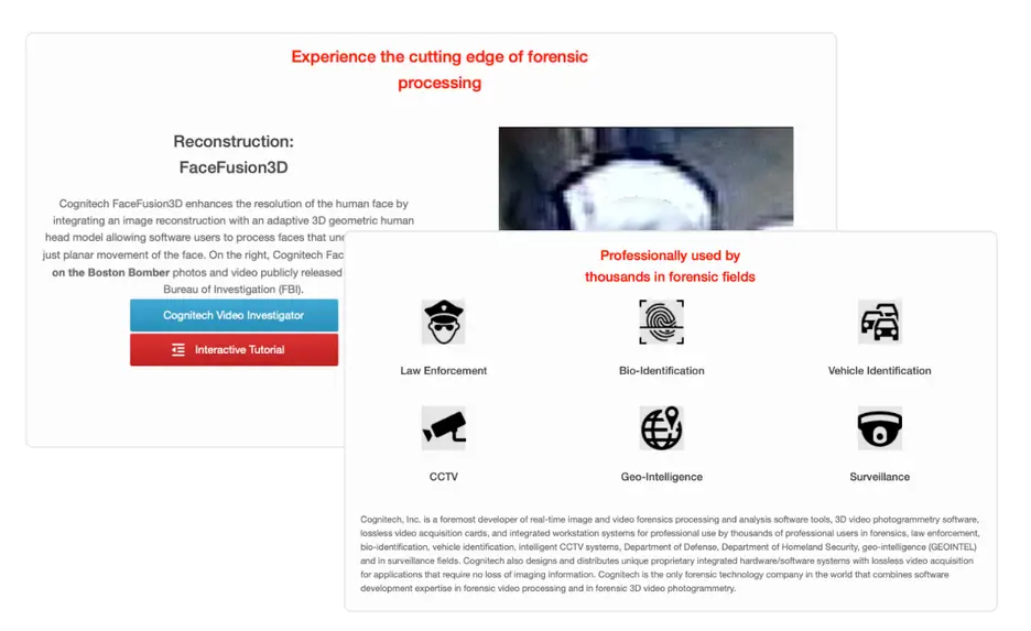 Cognitech FaceFusion3D forensic video processing software with 3D reconstruction features.
