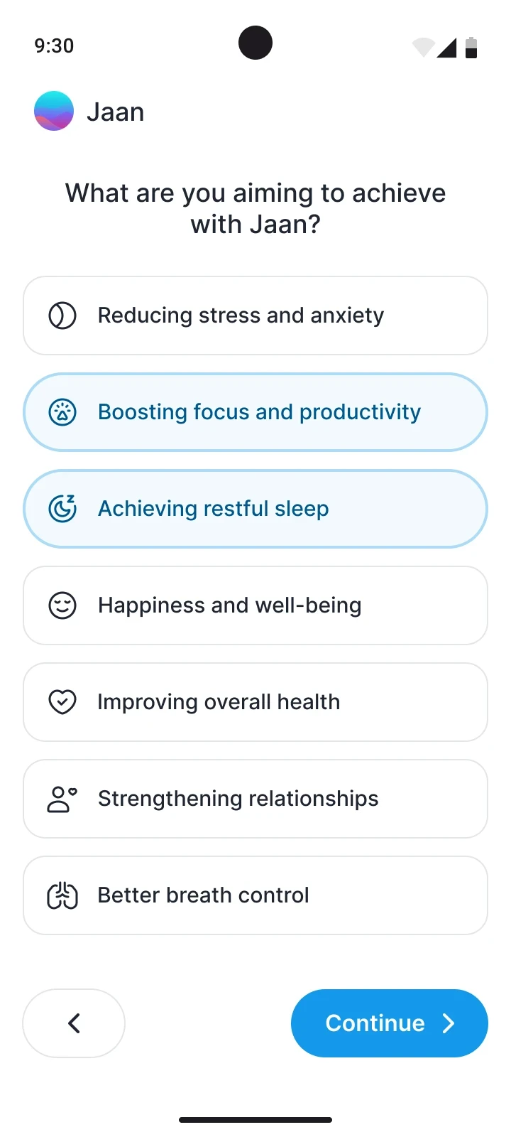 Onboarding screen asking what you want to achieve with Jaan, with goals such as reducing stress and better sleep