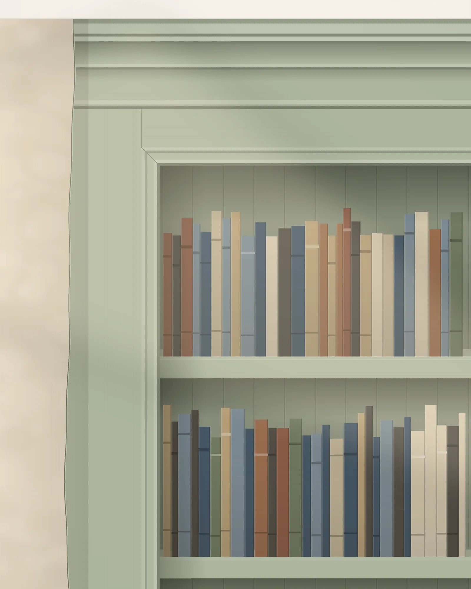 Close-up of a painted built-in bookcase with a crisp mitered corner