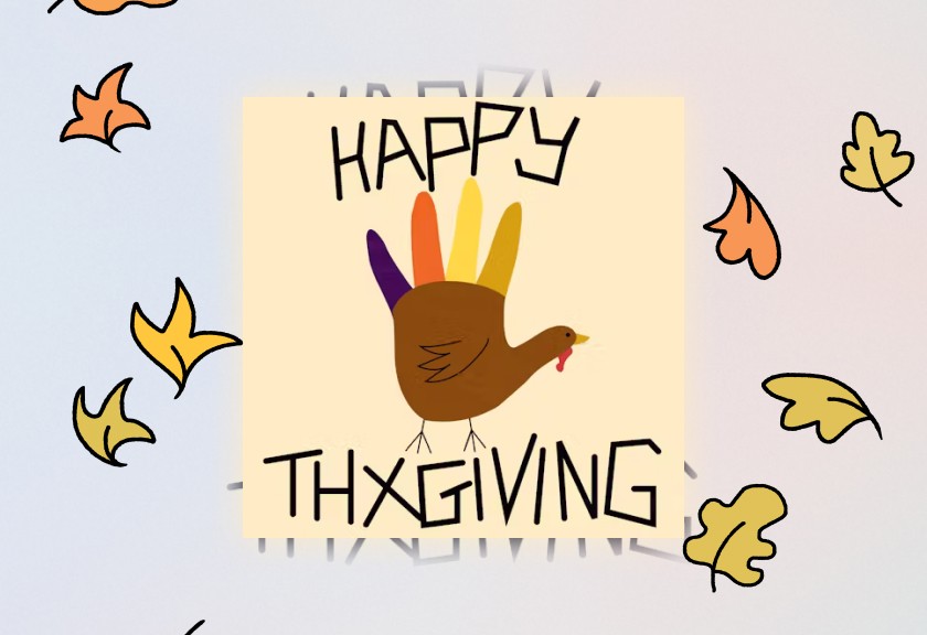 Cute kid-style doodle of a turkey in a paper headband with “Happy Thanksgiving” text and falling leaves.