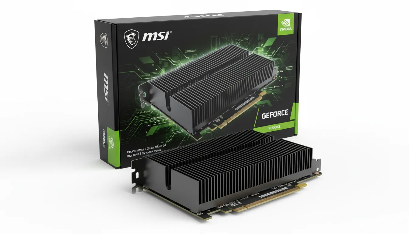 DSLR product photography of a low-profile MSI NVIDIA GeForce graphics card with a passive, finned black heatsink, positioned in front of its black retail box which features aggressive futuristic graphics with green and white branding accents and abstracted text lines. The scene is captured from a three-quarters angle under soft studio lighting on a seamless white background, with sharp focus on both objects and subtle, soft shadows beneath them.