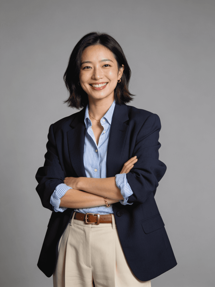 A woman smiling confidently, wearing a navy blazer and light blue shirt, with arms crossed in front.