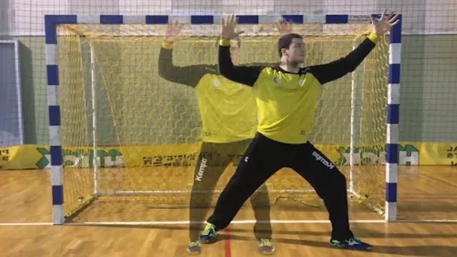 Composite image showing a handball goalkeeper in a ready stance and reaching towards the upper corners of the goal.