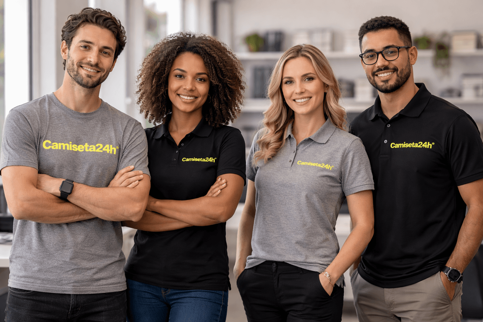 Equipe profissional usando uniforme personalizado com camisetas e polos em ambiente corporativo