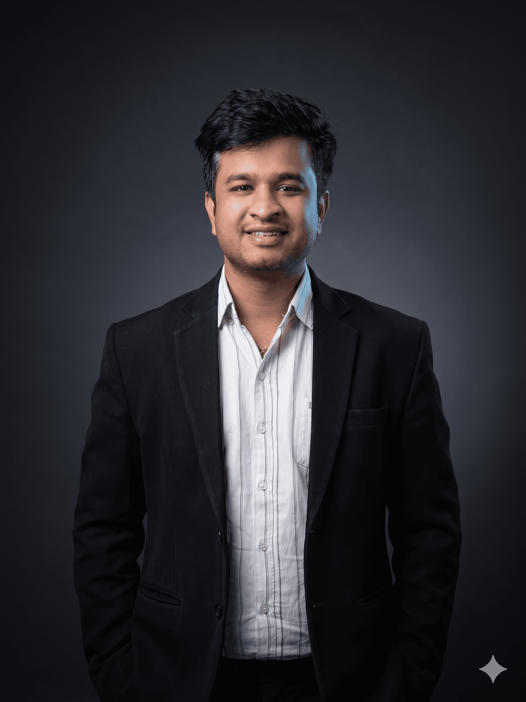 Professional portrait of Rankawat Group Jaipur team member in formal black suit and white shirt, confident corporate profile headshot for real estate company website.