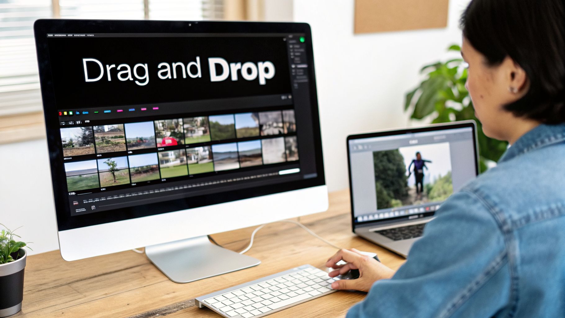 A person works on a desktop computer, editing videos with a laptop displaying an image.