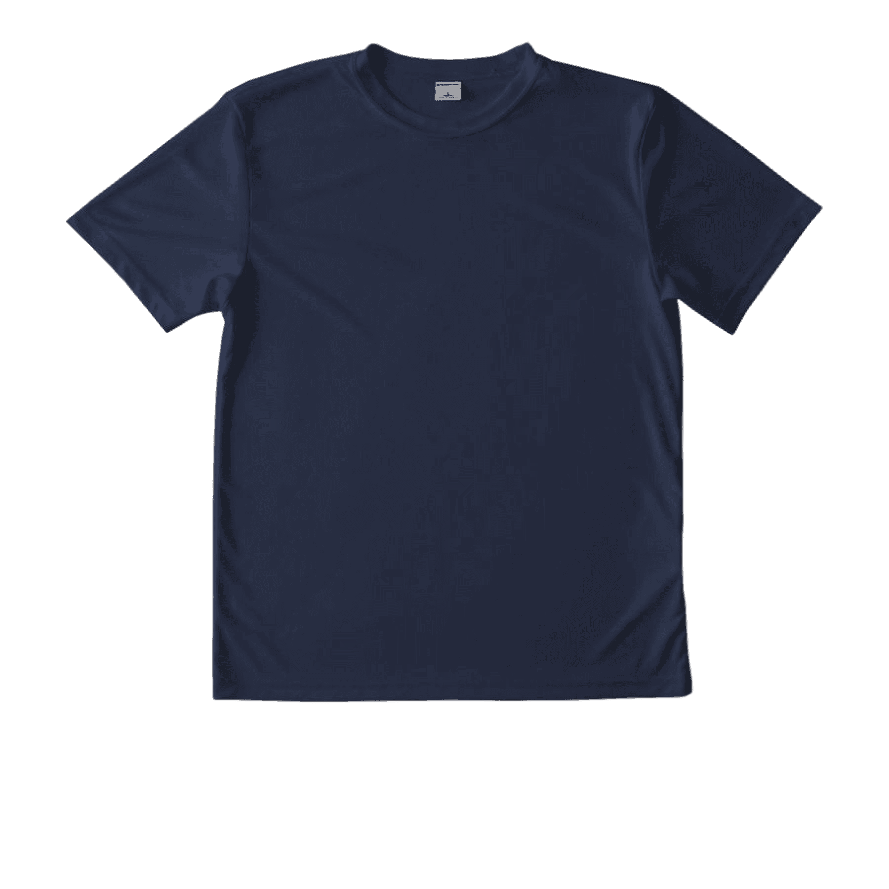 A navy blue youth performance orange t-shirt with a round neck and short sleeves displayed on a plain background.