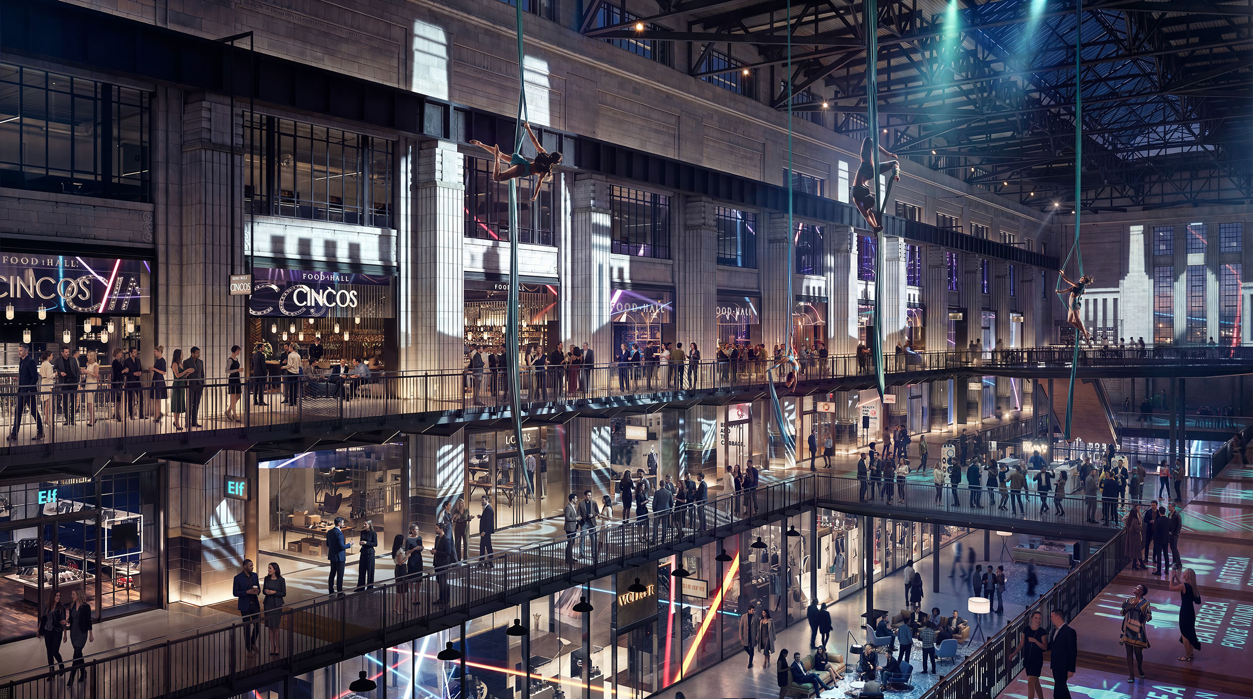 Architectural CGI render of vibrant indoor property with aerialists