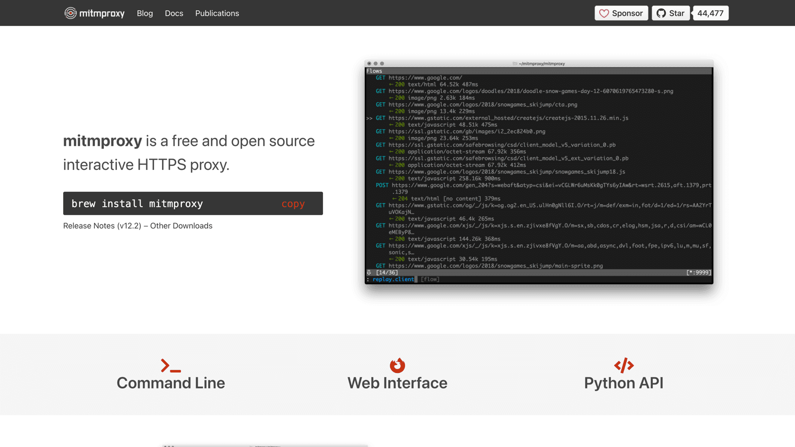 mitmproxy homepage describing an interactive HTTPS proxy for penetration testers and software developers