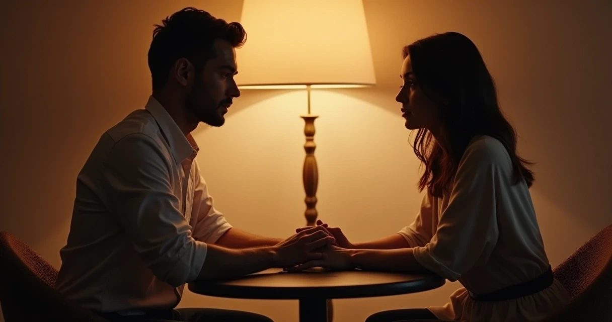 Casal sentado de frente para frente em clima sério, parecendo conversar de forma íntima e reservada. 