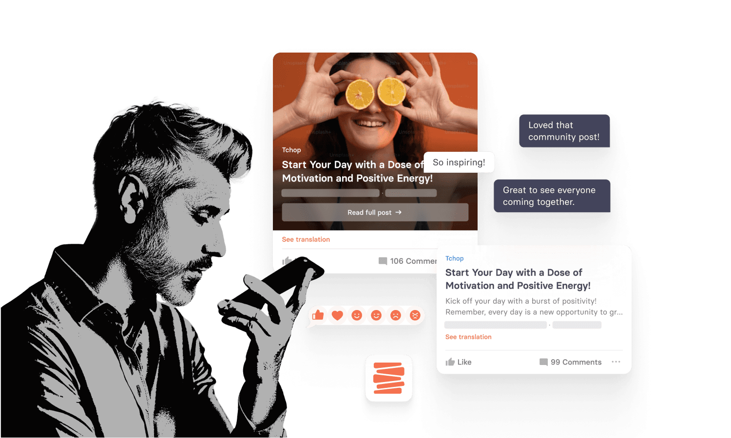 Illustration representing a premium user experience through intuitive content engagement features like reactions, comments and interactive posts, designed for smooth interactions.