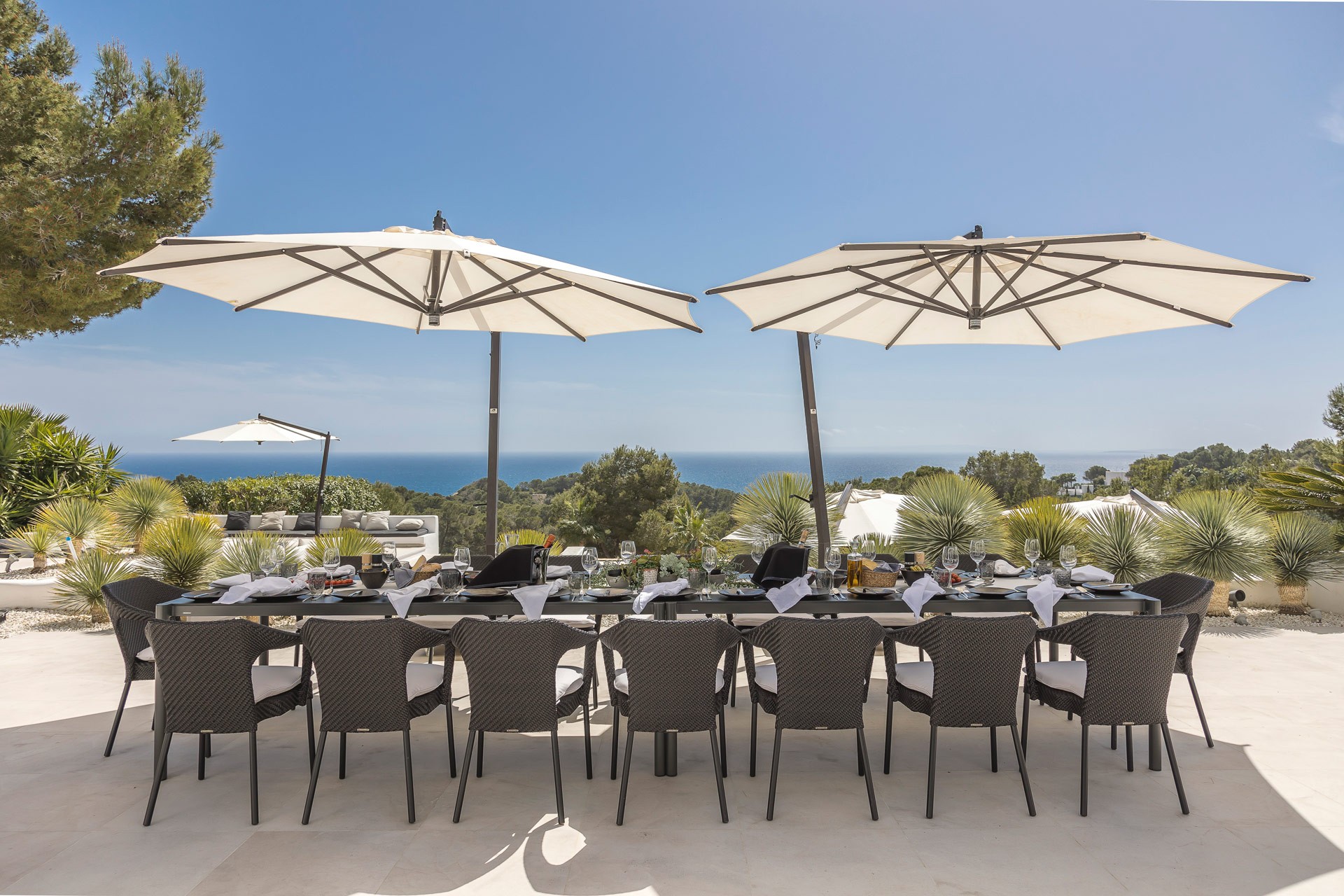 Breakfast with sea view on the terrace at an exclusive luxury villa Ibiza—private VIP estate property holiday retreat
