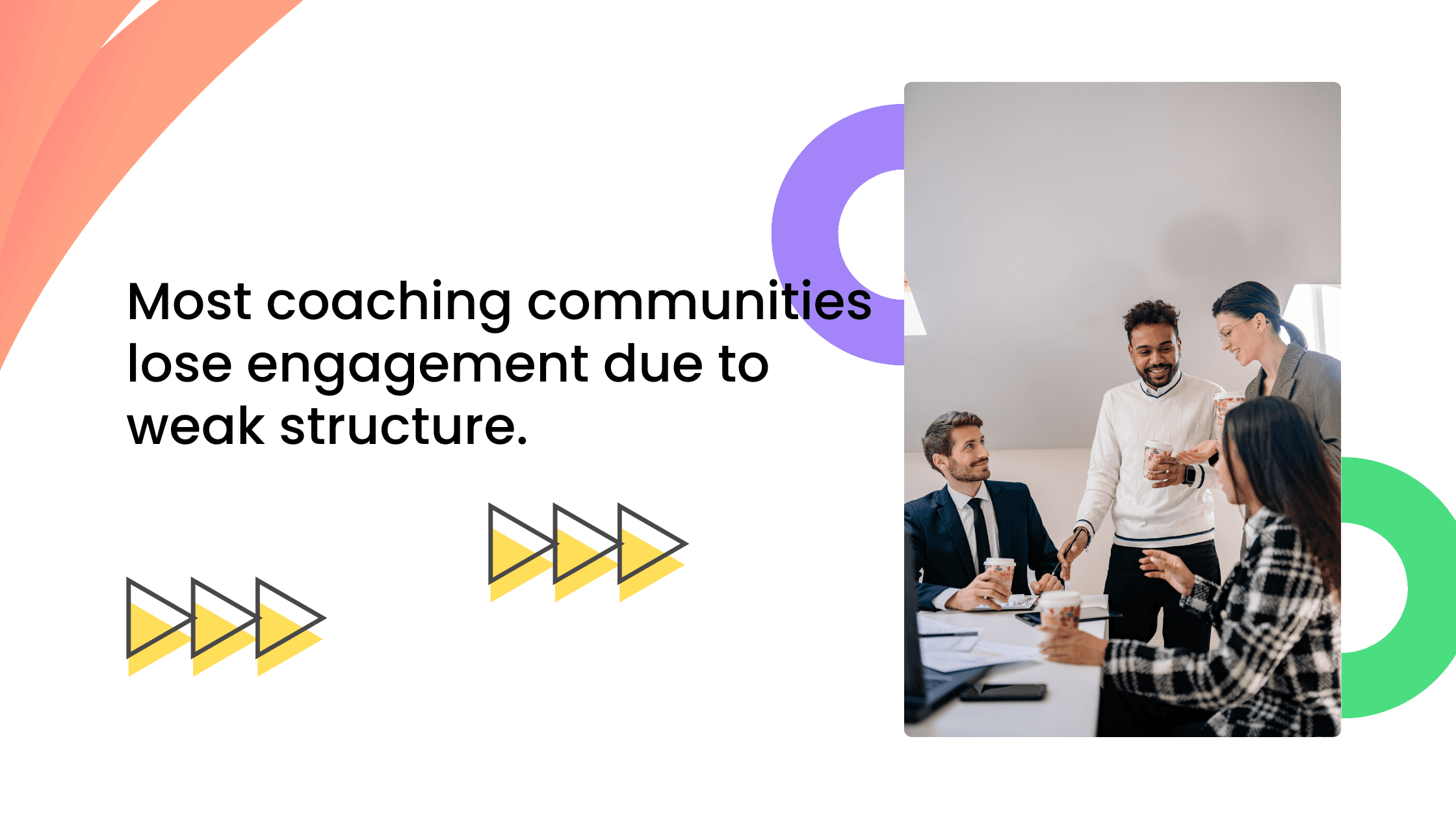 Coaches discussing ideas in a meeting, illustrating how weak structure can cause coaching communities to lose engagement.