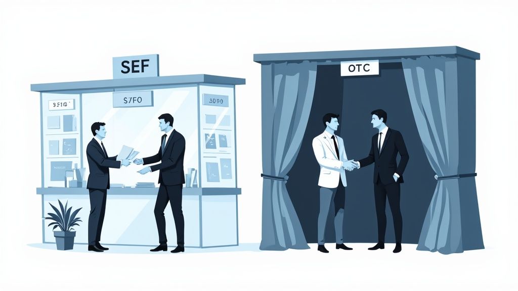 Illustration contrasting a transparent Swap Execution Facility (SEF) with private Over-the-Counter (OTC) trading.
