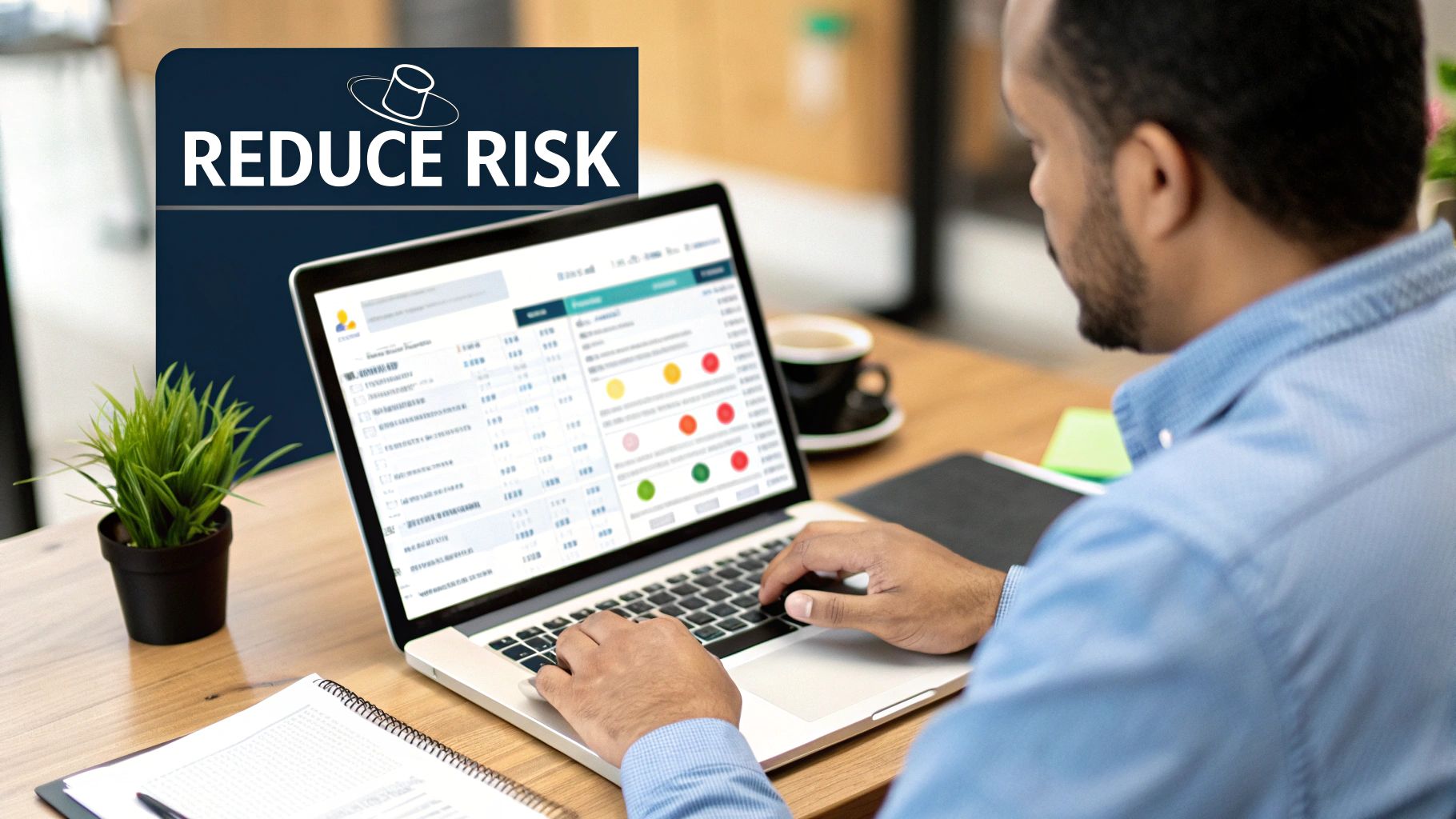 Man typing on a laptop displaying data with a 