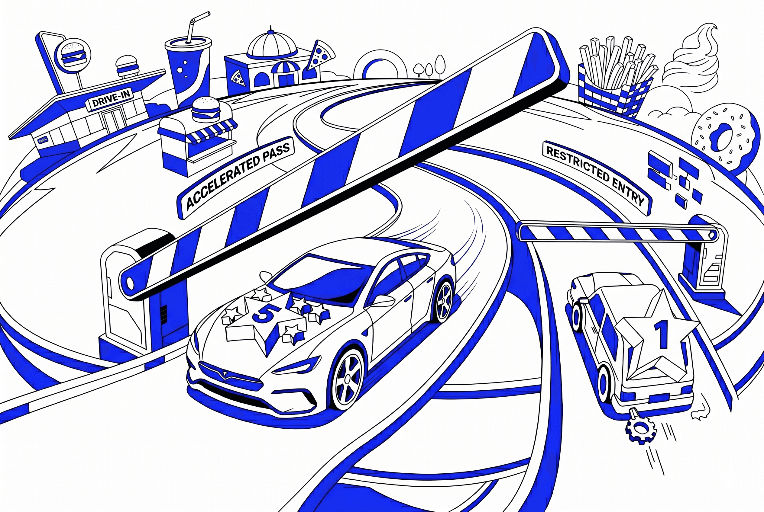 creative illustration of a restaurant checkpoint where a glowing 5-star meal review is served directly to a public Google page, while a customer complaint about food quality is diverted behind a "Private Feedback" kitchen door, demonstrating restaurant review gating.