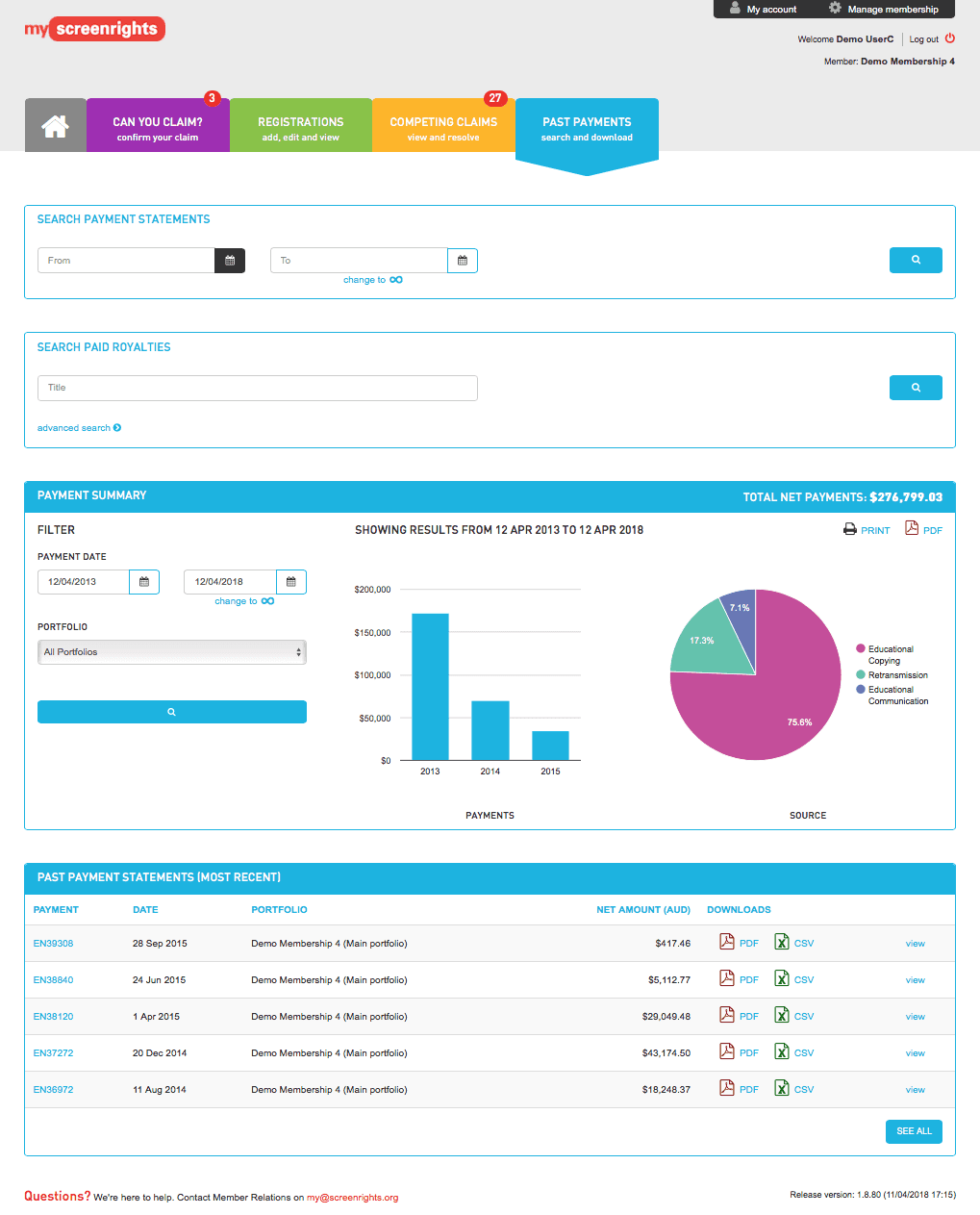 Screenshot of portal showing account details
