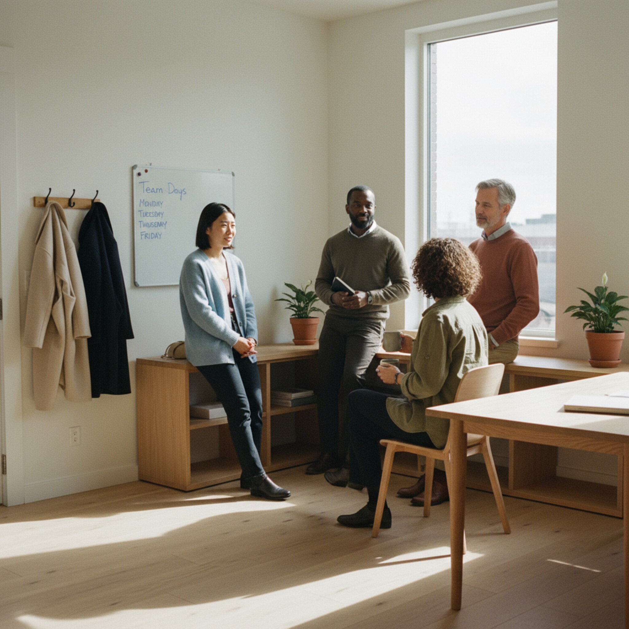 Ein Team trifft sich am Morgen in einem ruhigen Bereich mit wenigen Schreibtischen. Eine kleine Tafel zeigt die Teamtage, Jacken hängen ordentlich an Haken. Man spürt Fairness und Struktur, alle finden ihren Platz ohne Gedränge oder Hektik.