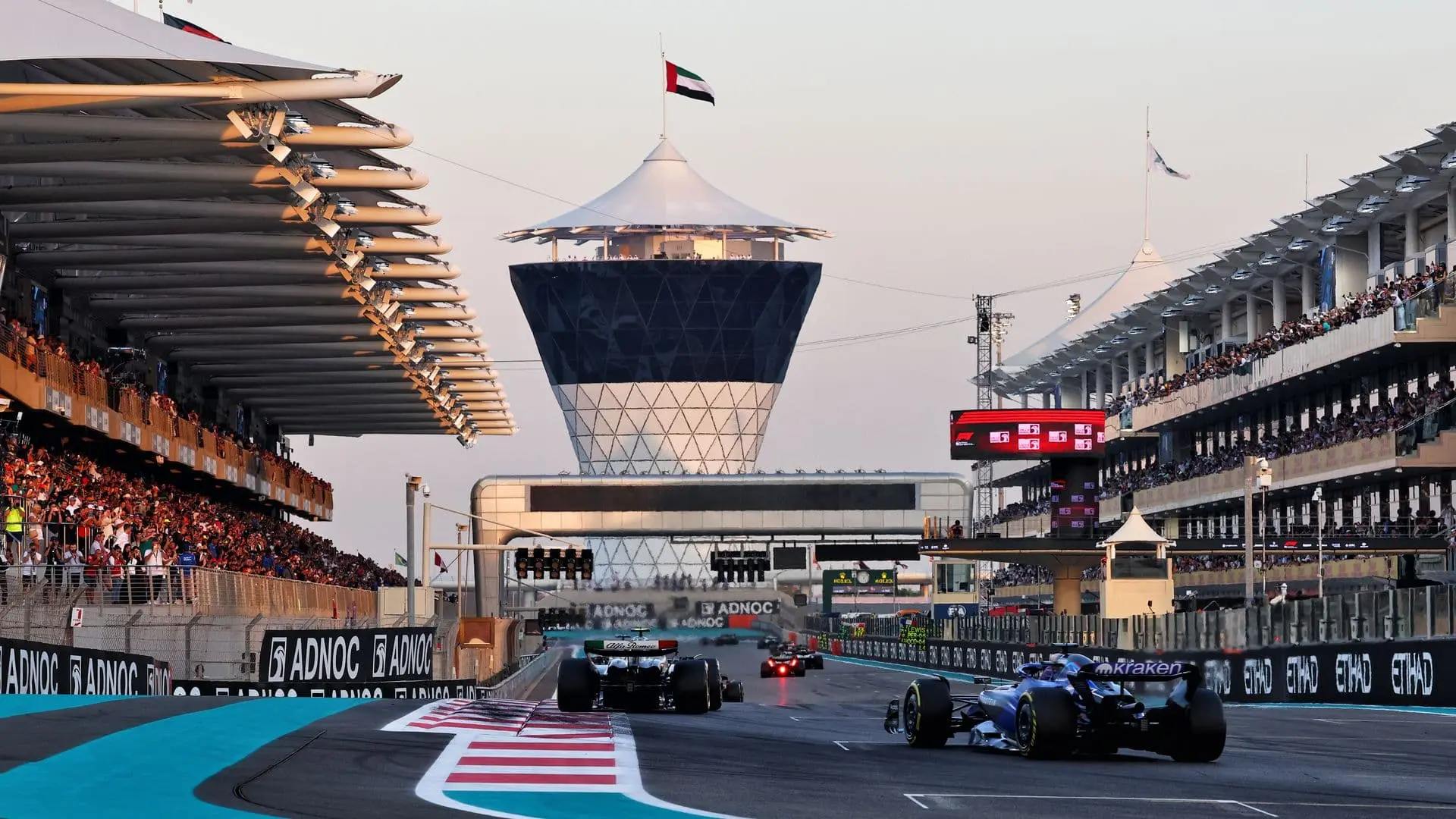 Temporary race circuit infrastructure with modular grandstands and event structures built for international motorsport event.