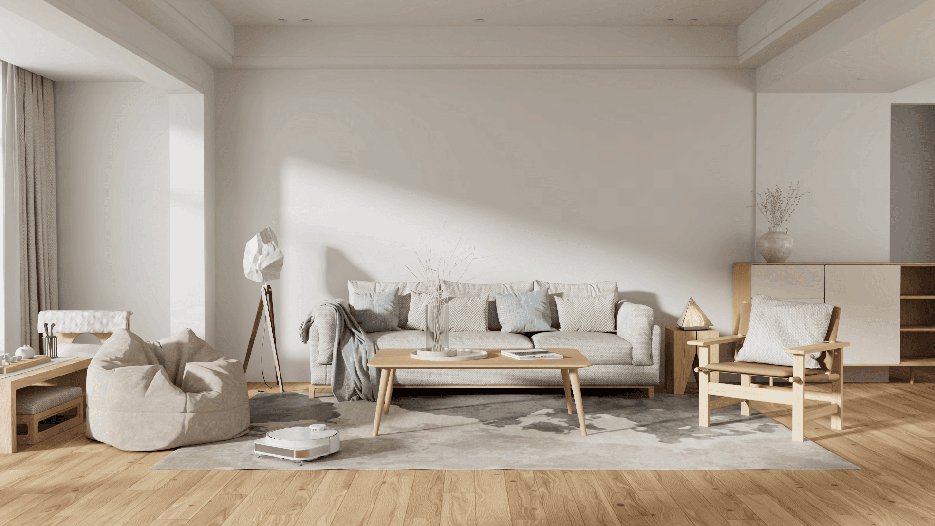 Bald man in grey coat walking against a light grey wall, slow shutter speed creating orbital light trail around him