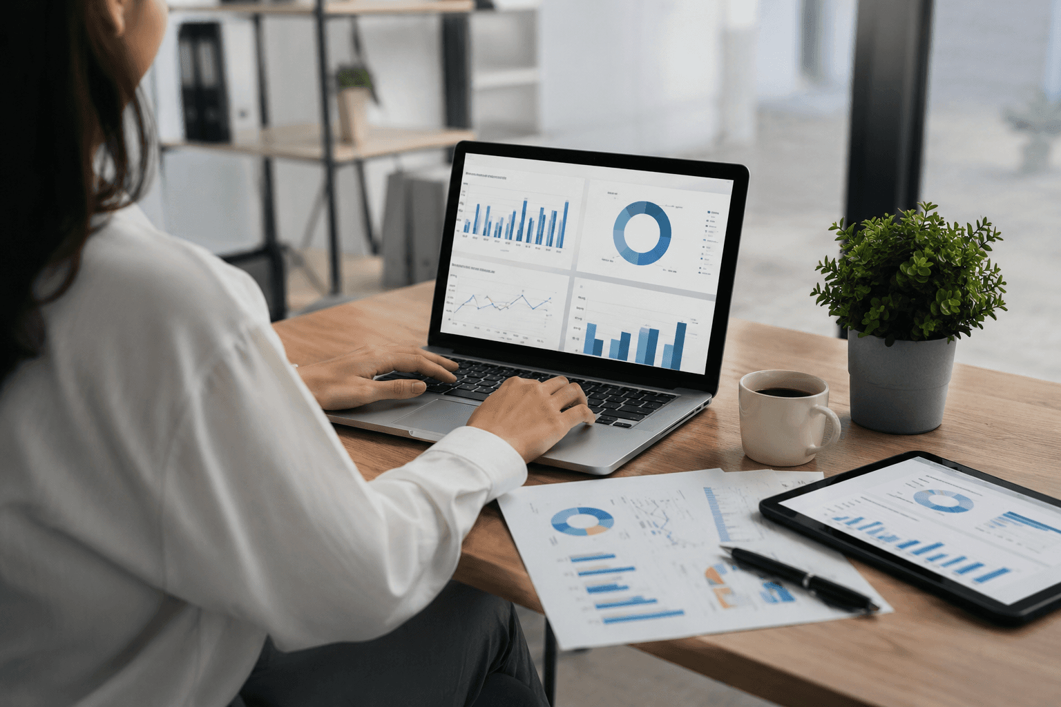 Persona con analíticas de su empresa, gráficos, etc