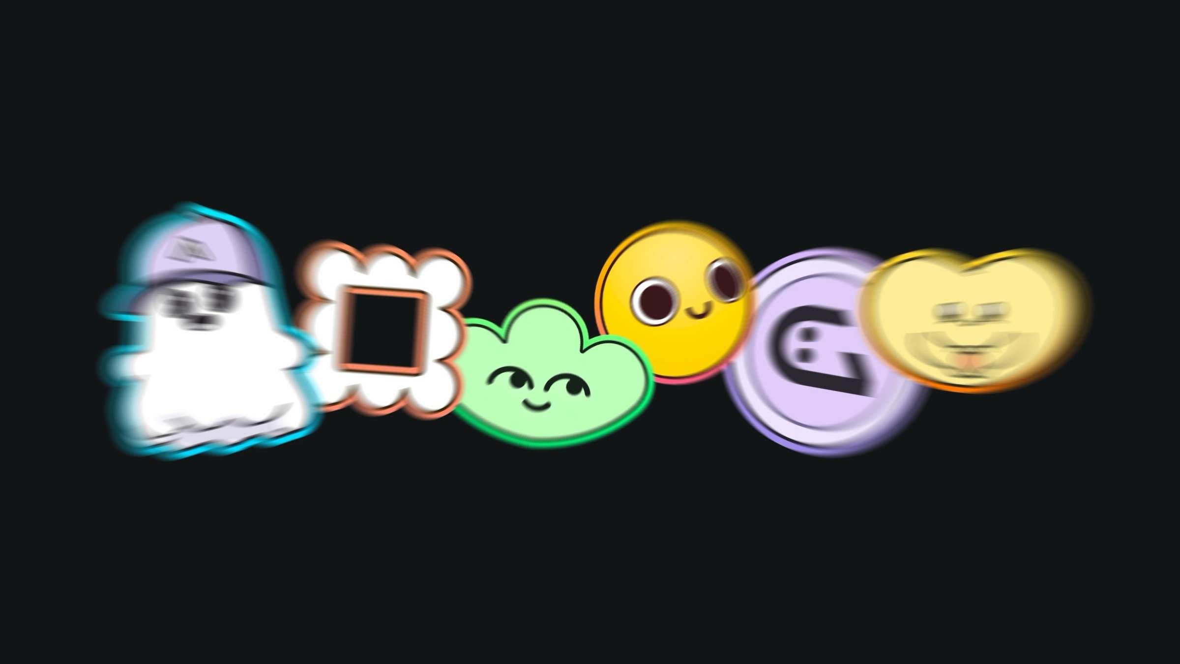 Collection of colorful, animated icons including a ghost, cloud, and smiling faces on a black background