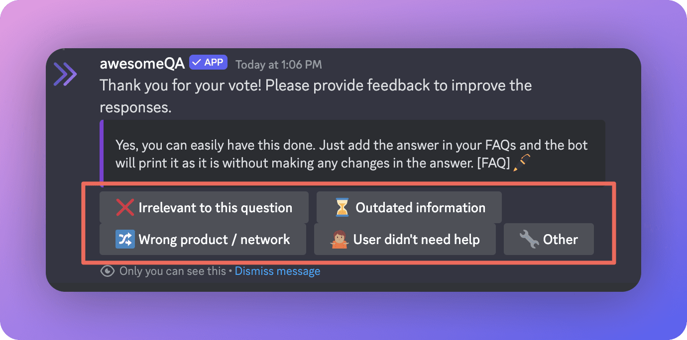 how AwesomeQA Discord AI Bot allows you to provide specific feedback for every answer it generates