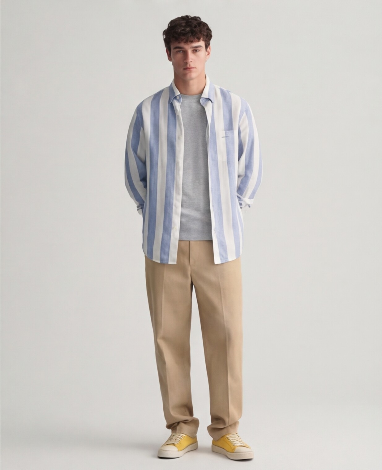 Blue Striped Shirt with Beige Trousers