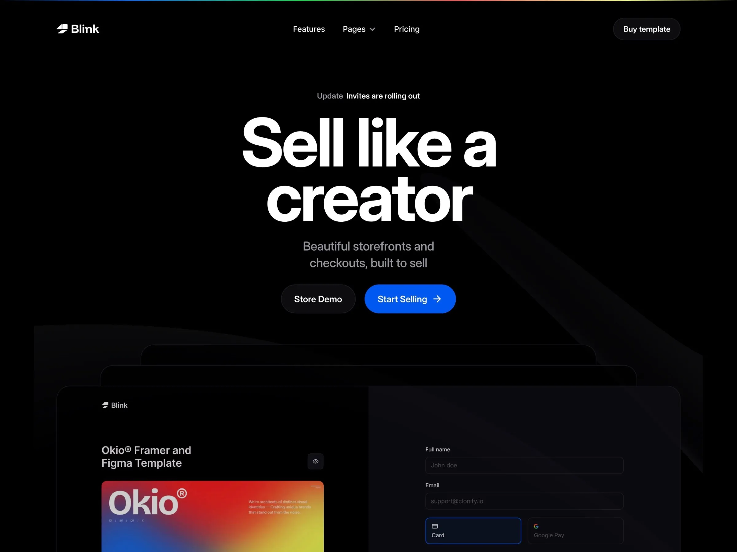 Website banner: "Sell like a creator" with demo and start buttons.