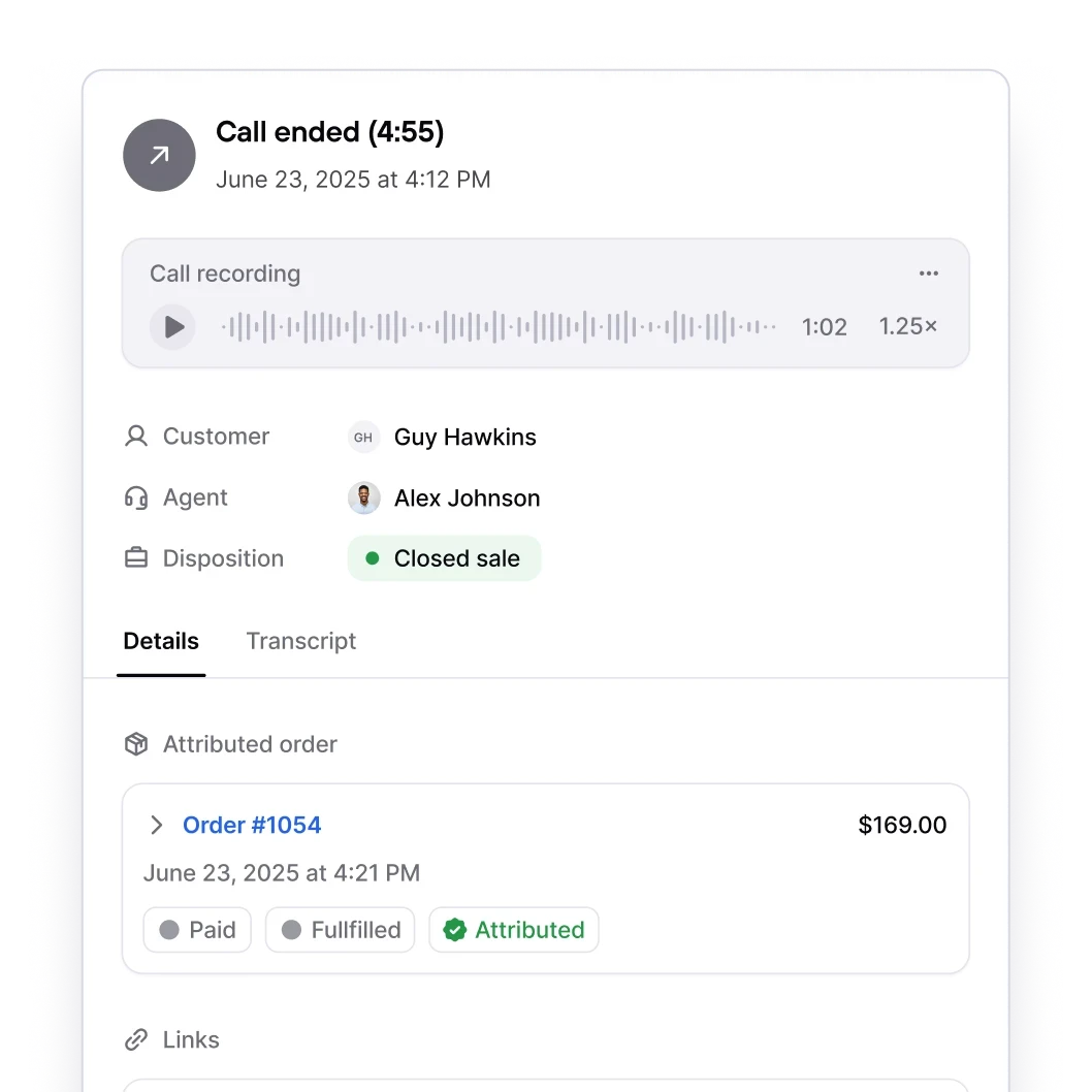 Consio call details screen showing call recording, agent disposition and the Shopify order automatically attributed to the call.
