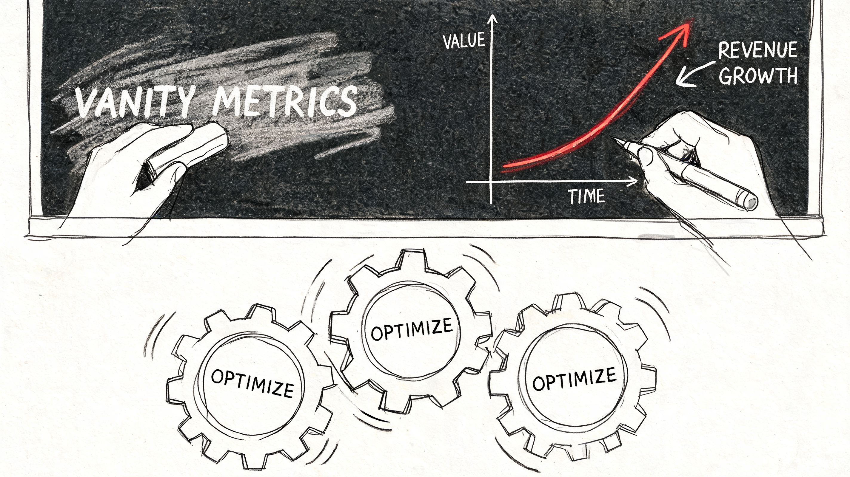 A hand erasing vanity metrics from a chalkboard while another hand draws a revenue growth chart.