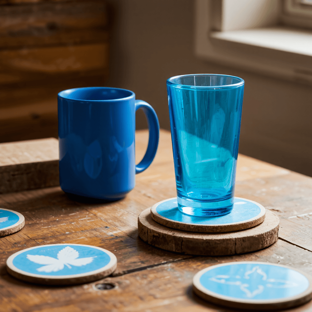 product photography of a set of themed drinkware and coasters