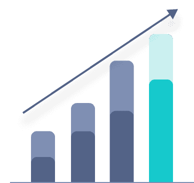 Bar chart illustrating a uplifiting trend represented by four vertical bars of varying heights in shades of blue and green with an upward arrow above them.