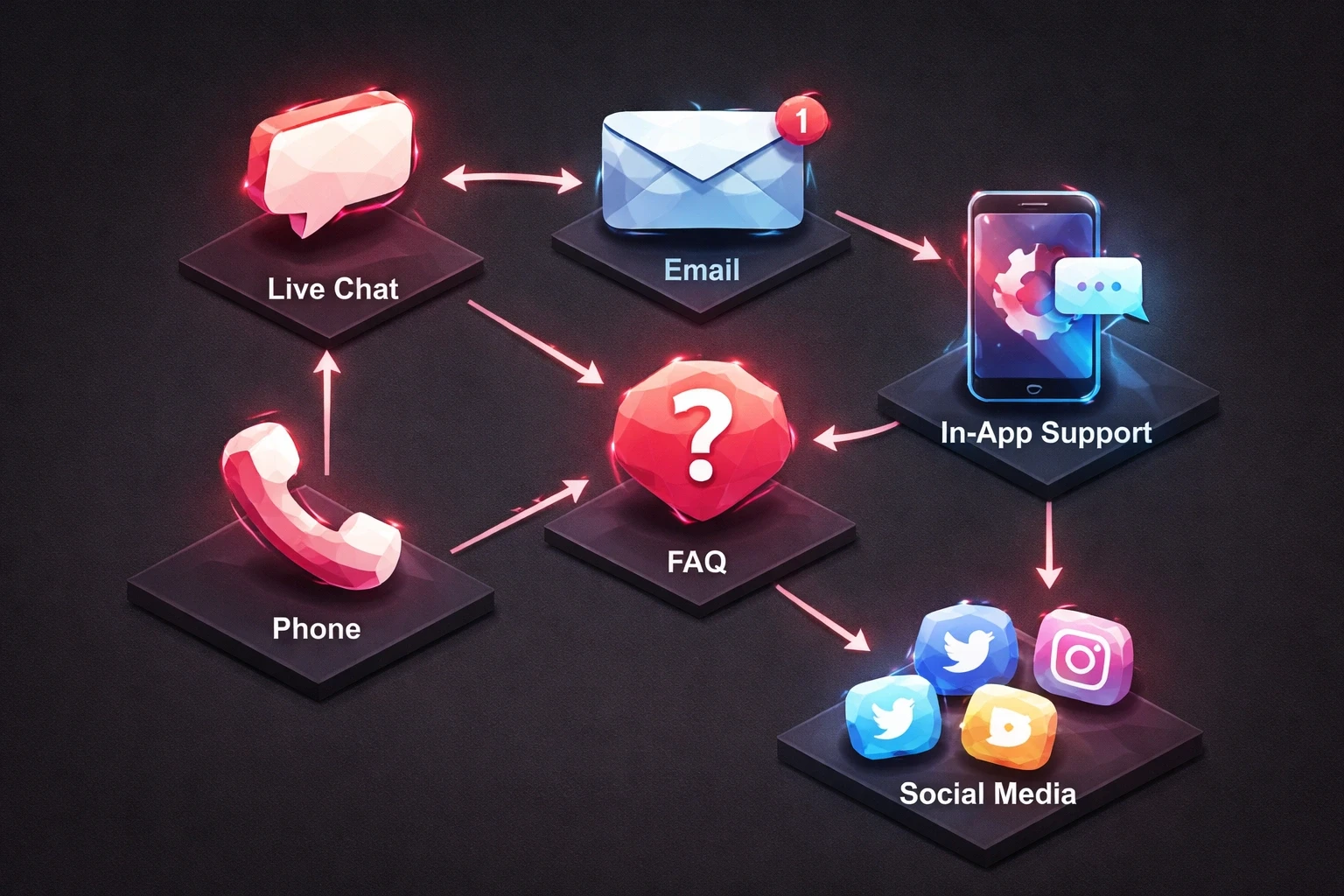 Isometric low poly flowchart illustrating the audit of customer service touchpoints with faceted polygonal icons and accent highlights.