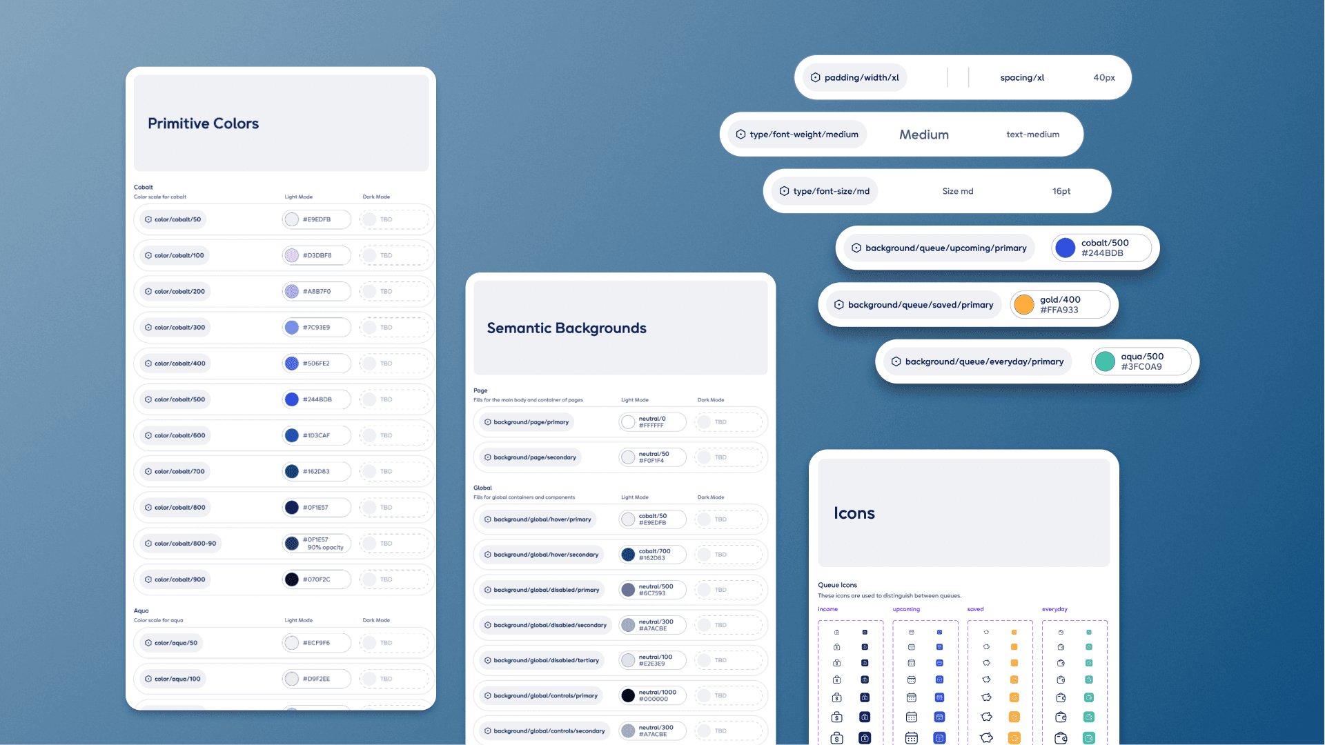 A snapshot of primitive colors, semantic backgrounds, icons, and defined variables.
