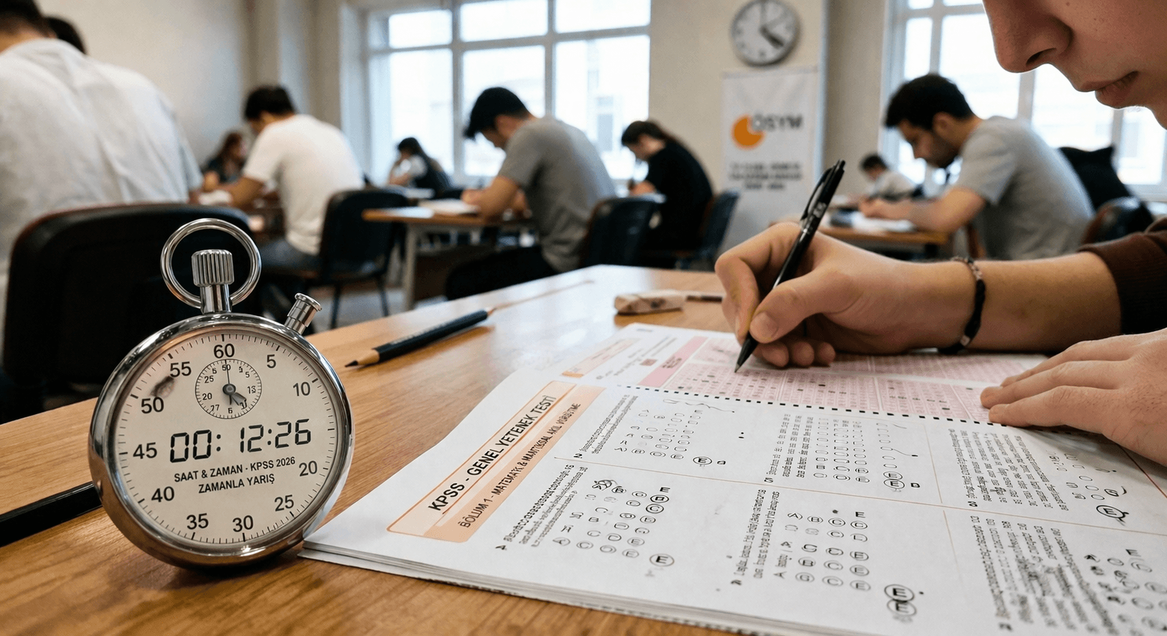 “KPSS sınavında optik form dolduran öğrenci ve yanında zamanı gösteren kronometre ile sınıf ortamında sınav sahnesi”