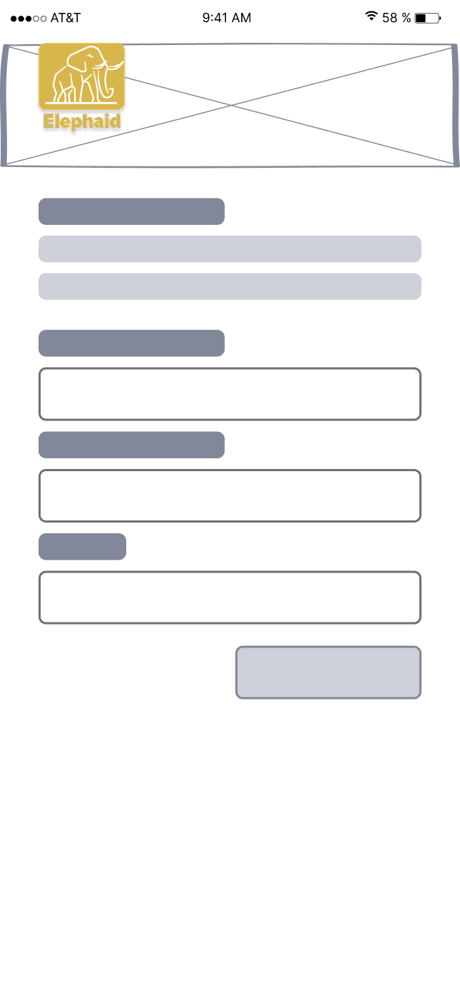 A wireframe of the Elephaid volunteering page displayed on a spiral notebook, showing a large hero image placeholder, form fields, and a Send button.
