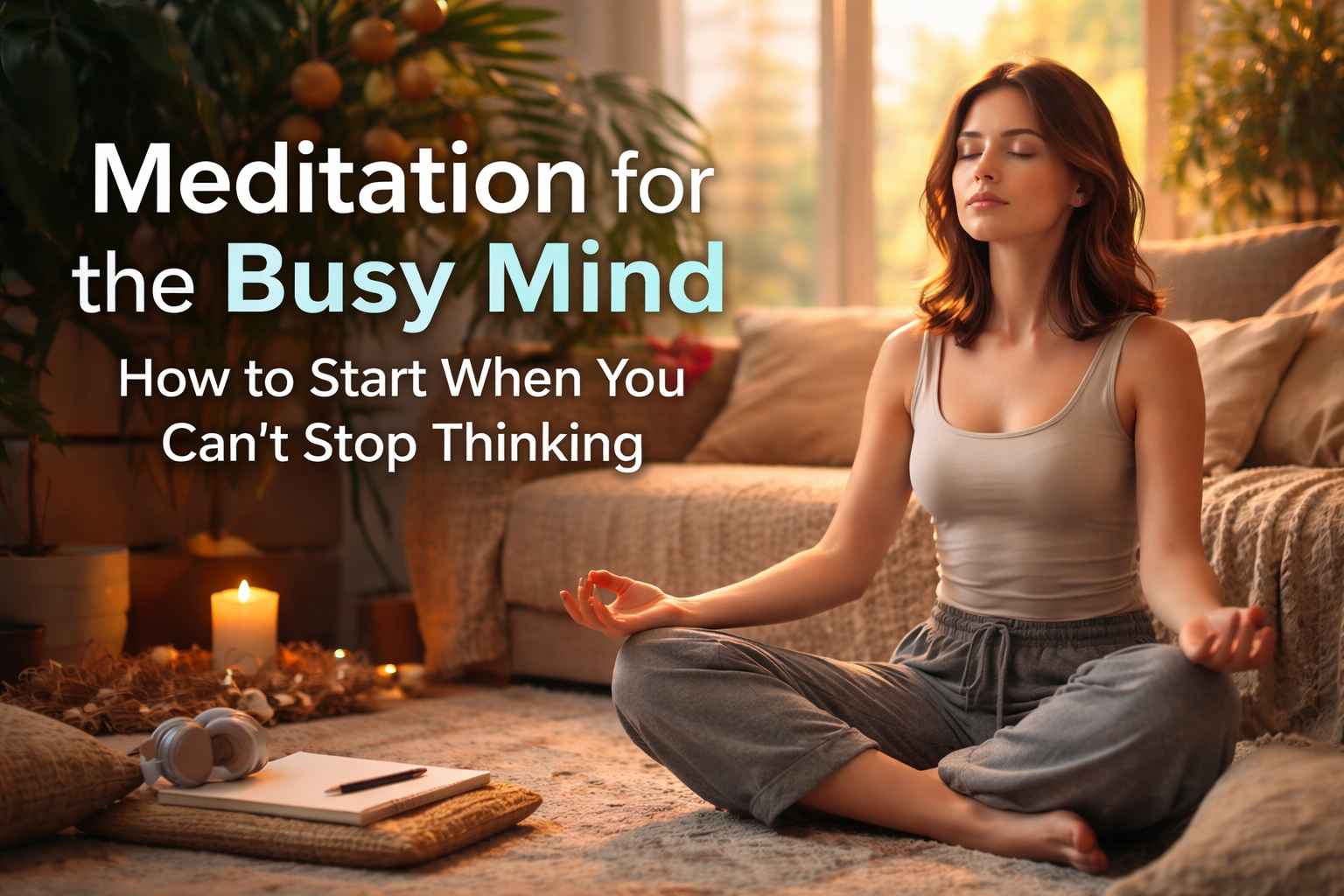 A woman sits cross-legged meditating in a cozy living room with candles, plants, and sunlight; text reads "Meditation for the Busy Mind: How to Start When You Can't Stop Thinking.